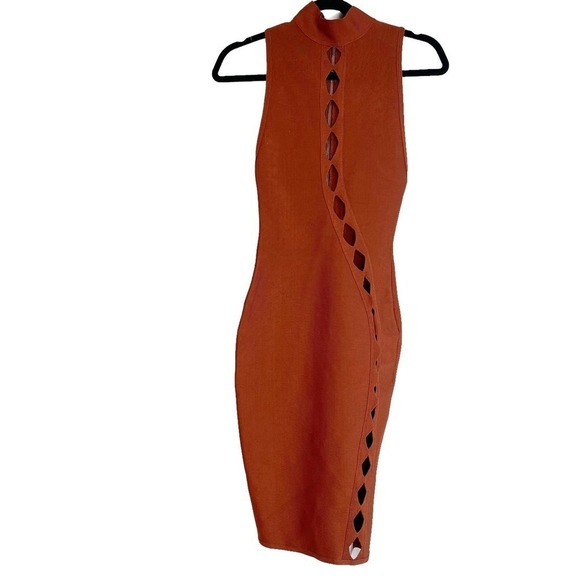 House of CB BODYCON DRESS AMALEA TAN SLEEVELESS CUT OUT XS NWT - Picture 6 of 8